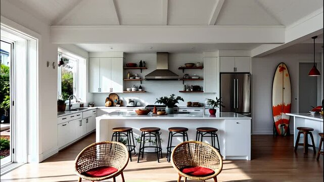 Bright open concept interior. Coastal home decor with white kitchen island, beach surf board, woven chairs and tropical plants. Living room interior design ideas