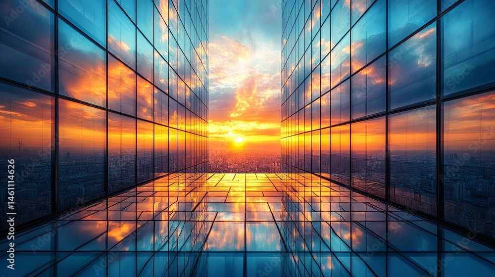 Poster symmetrical glass building facade with sunset reflections and golden window tint, tight angle emphas