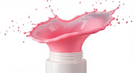 Pink liquid splashing from a bottle isolated on white background