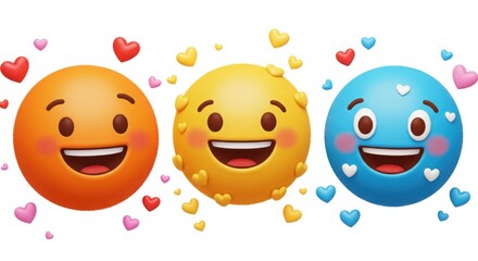 Three smiling emoji faces with hearts isolated on white background