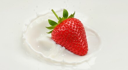 Strawberry splashing into milk isolated on white background