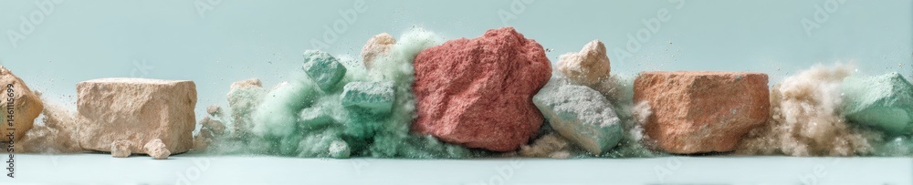 Poster sensory deconstruction textural mineral landscape exploring material fragmentation, soft palette dis