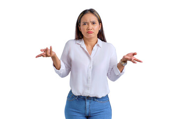 Attractive young Asian woman standing and shrugging shoulders with confused expression isolated on...