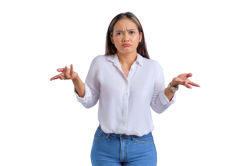 Attractive young Asian woman standing and shrugging shoulders with confused expression isolated on transparent background