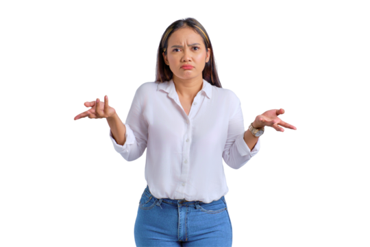 Attractive young Asian woman standing and shrugging shoulders with confused expression isolated on transparent background - Powered by Adobe