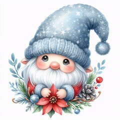 Obraz premium Little bearded gnome in cozy winter outfit standing happily with holiday décor, pine branches, and berries