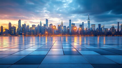Urban cityscape with panoramic skyline view, tiled ground in foreground, deep depth of field, crisp lighting
