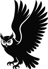 Black and white vector illustration of an owl with open wings and elegant design