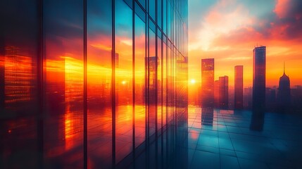 Fototapeta premium Urban skyline captured from ground level at sunrise, reflective windows and sharp vertical lines in rich morning light 