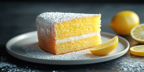 Delicious lemon cake slice with powdered sugar and fresh lemons placed attractively on a plate