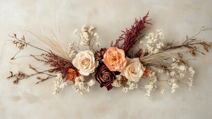 Flat lay of a beautiful flower arrangement on a beige background. the arrangement is made up of various types of flowers, including roses, daisies, and dried grasses.