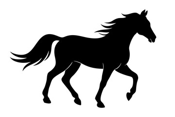 Obraz premium Black silhouette of a single horse walking in side profile design, horse, silhouette, animal, equine, mammal, single, walking, side profile, vector, illustration, black, design, minimalist, farm, dome