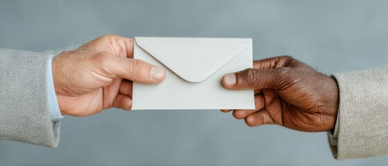 Obraz premium Inclusive Corporate Communication Multicultural Professional Exchange of Confidential Envelope in Minimalist Business Interaction - Global Collaboration Narrative