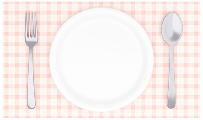 3Dイラスト_皿とカトラリー_ランチョンマット_ピンク
