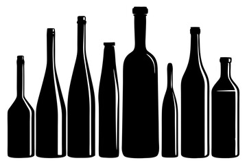 Silhouette with transparency of ten beverage bottles in various shapes, silhouette, transparency, bottle, beverage, glass, container, shape, vector, design, drink, set, collection, assorted, variety