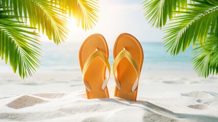 Obraz premium A pair of flip-flops resting on sandy beach, framed by palm leaves and ocean waves, evoking a serene tropical getaway.
