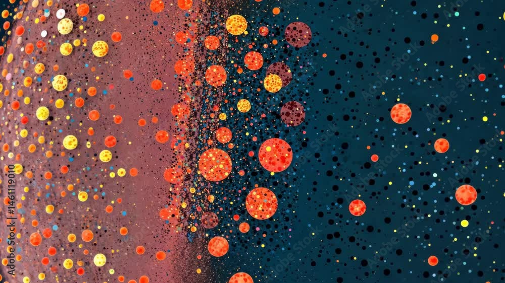Poster A colorful pattern of circles and dots. The circles are orange and blue. The dots are red and yellow