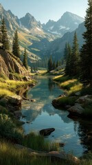 Serene mountain landscape featuring a calm river and lush greenery in the early morning light
