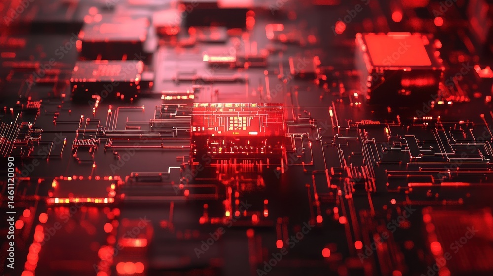 Poster complex digital circuit design with glowing red elements.