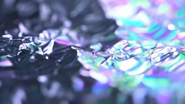 Abstract Iridescent Foil Texture: A Close-Up Macro Photography of Crinkled Metallic Surface
