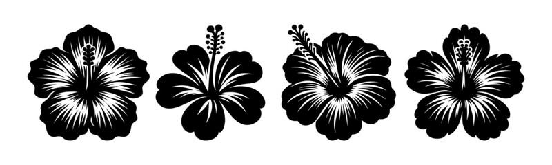 Black Hibiscus Flower Vector Icons Set in Tribal Style