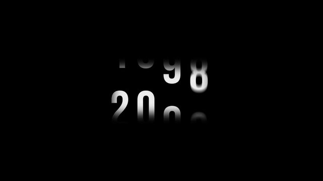 Dynamic scrolling progression timeline animation of 1950 to 2004 years on a 4k black background. Order number from the vertical past into the future era evolution t