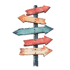 Png of A rustic wooden signpost featuring colorful arrows pointing in multiple directions, symbolizing choices and guidance.