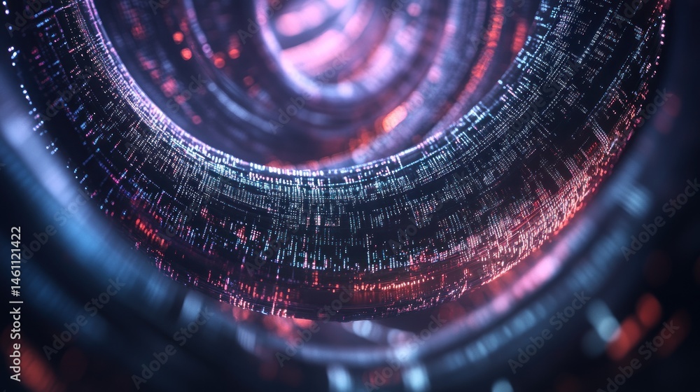 Poster abstract swirling digital code tunnel with glowing light effects.