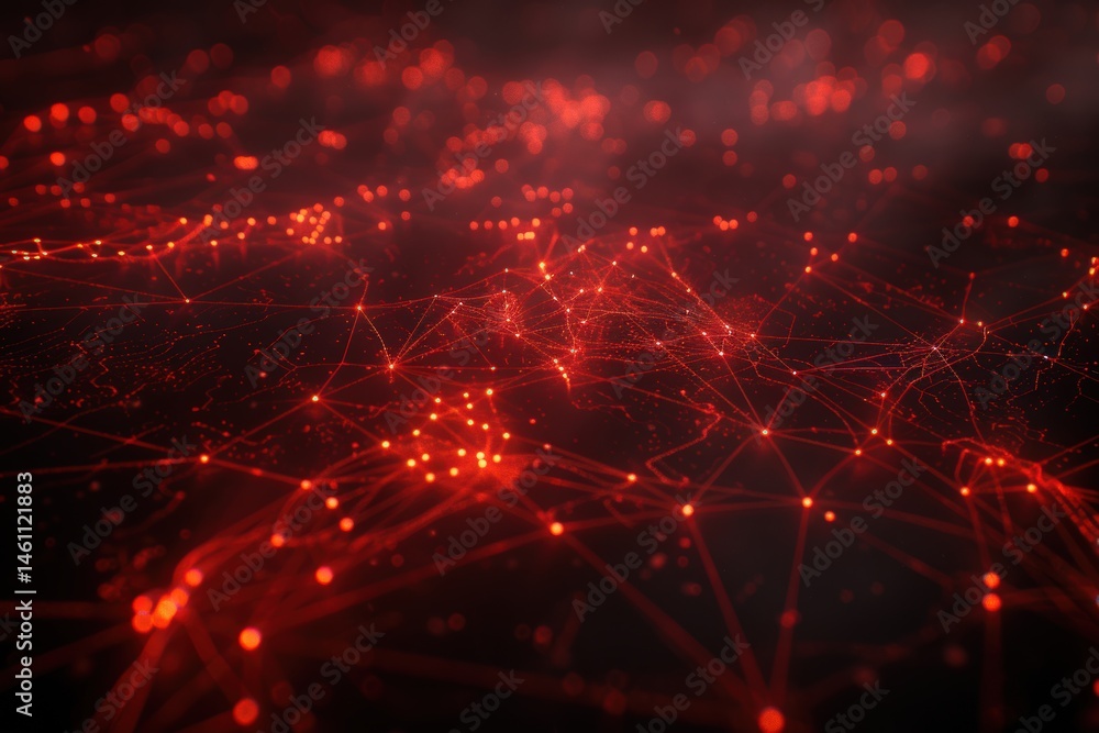 Aufkleber abstract red digital network with glowing connections and nodes.