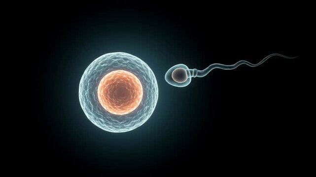 Sperm cell approaching human egg. Fertilization of ovum. Reproduction process. Microscopic medical render of biological cell for scientific education.