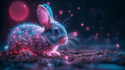 Rabbit glowing with neon lights for Lunar New Year. Rabbit covered with digital red and blue lines. Futuristic pet rodent on background.