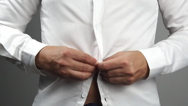 Fat man in tight white shirt, weight loss concept, health care, unhealthy eating, on grey background.