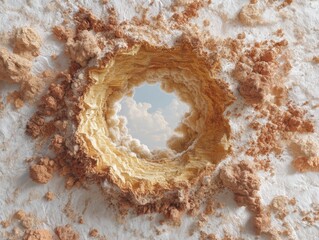 Fototapeta premium Minimalist Geological Abstraction Sculptural Earth Texture Revealing Sky Portal - Organic Materials Trend in Climate-Conscious Design and Visual Storytelling