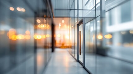Modern office environment with blurred interior and doorway urban business space abstract view