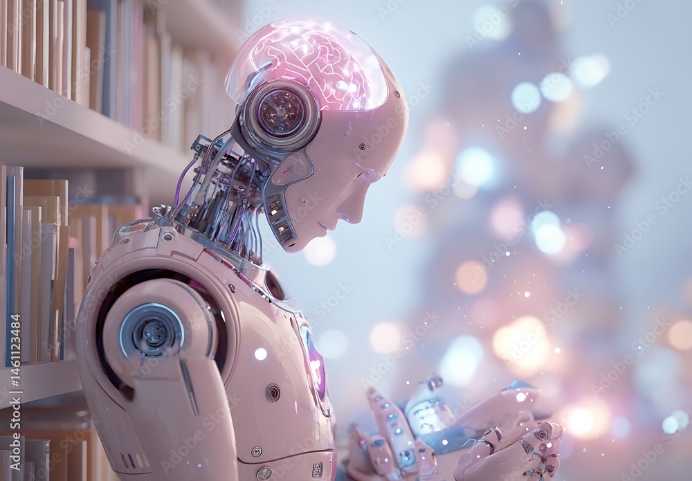 Poster advanced robotic ai studying books in a library setting with a festive bokeh background