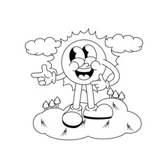 sun face adorable you character doodle line art vector in the grass trees and cloud