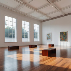A peaceful modern gallery interior with warm sunlight, minimalist decor,