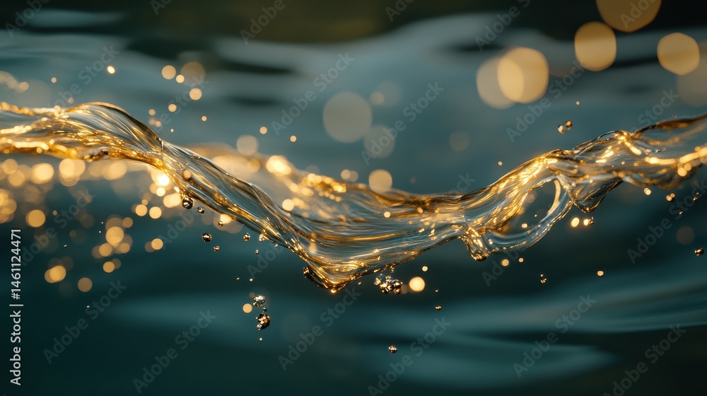 Poster golden water wave with sparkling bokeh in nature abstract concept