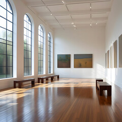 Obraz premium A peaceful modern gallery interior with warm sunlight, minimalist decor,