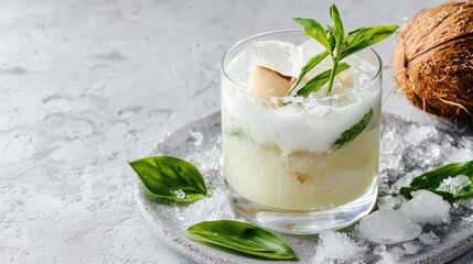 Glass of a refreshing drink on a gray plate with ice cubes. the drink appears to be a light yellow color and has a creamy texture.