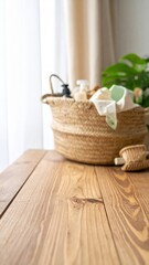 Fototapeta premium A woven wicker basket filled with vibrant wildflowers, including daisies and sunflowers, sits on a rustic wooden table, casting soft shadows.