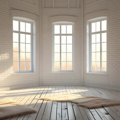 A tranquil white brick room with tall windows and worn wooden floors,