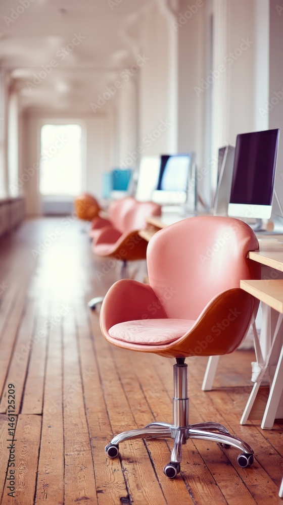 Poster Tech Workplace Minimalism Empty Modern Open-Plan Office with Soft Pink Ergonomic Chairs, Symbolizing Digital Transformation and Remote Work Evolution