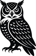 Detailed black and white silhouette of a great horned owl standing proudly