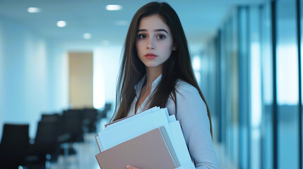  Thoughtful young woman standing in modern office corridor holding folders and looking uncertain and pensive.