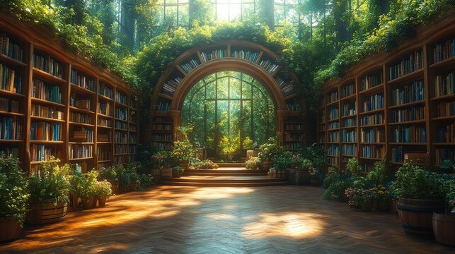 Library interior, tall bookshelves, green plants, archway, light streaming in
