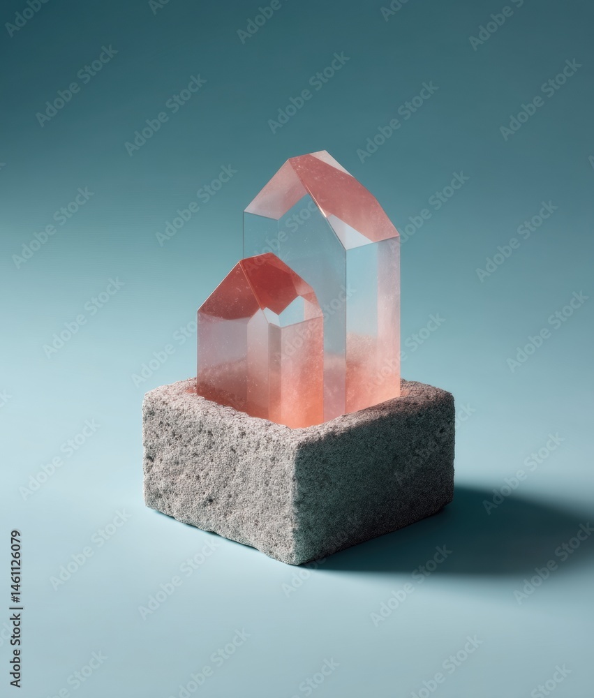 Poster translucent geometric sculpture fragmented crystal architecture on raw stone base - minimalist desig