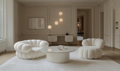 Elegant White Living Room Interior Design with Fluffy Sofas and Marble Coffee Table