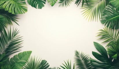 Lush Green Tropical Leaves Frame on White Background