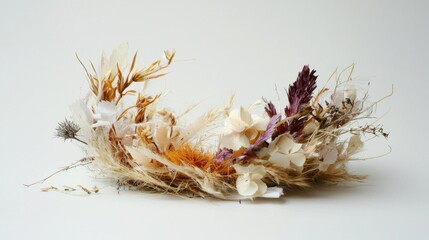 Close-up of a bouquet of dried flowers. the bouquet is made up of various types of flowers, including white and purple flowers, dried leaves, and twigs.